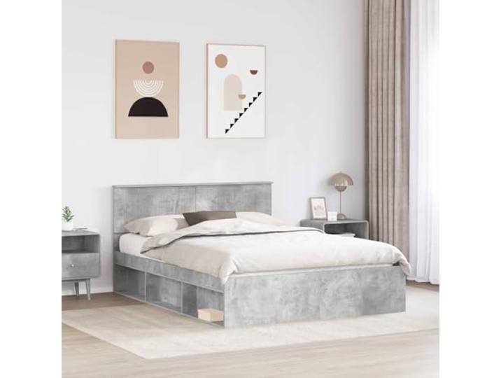 KTHLBRH Bettgestell Grau Beton 150 x 200 cm Kiefer massiv Modernes Design, klare Linien, robuste Basis, geeignet für zeitgenössische Zimmer