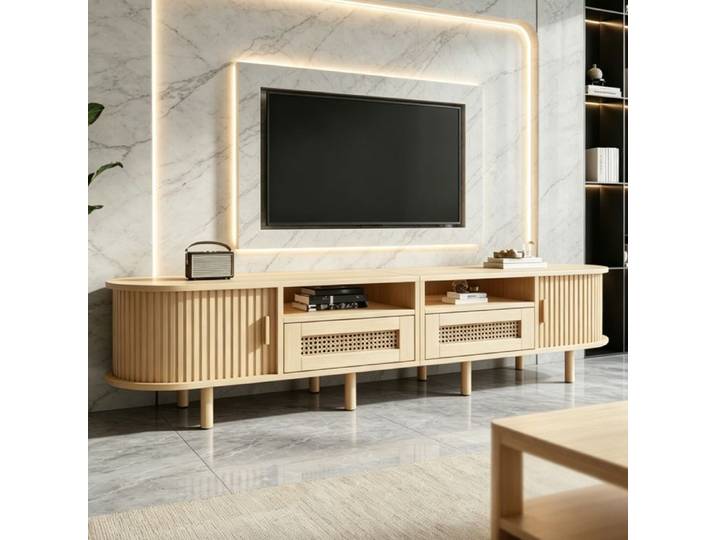 Meuble Tv Bois Moderne - Meuble De Salon Avec Tiroirs En Rotin Et Portes Coulissantes - Meuble Télévision Ovale Design