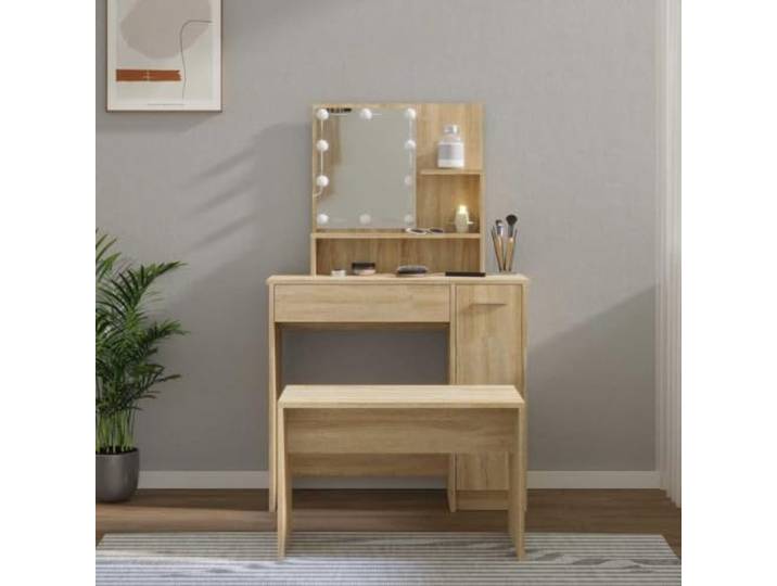Schminktisch-Set mit LED Eiche Sonoma Holz Technik Spiegel mit USB-LED-Lampen, warm- und kaltweiß, Hocker inklusive, Wandbefestigung im Lieferumfang enthalten, Montageanleitung