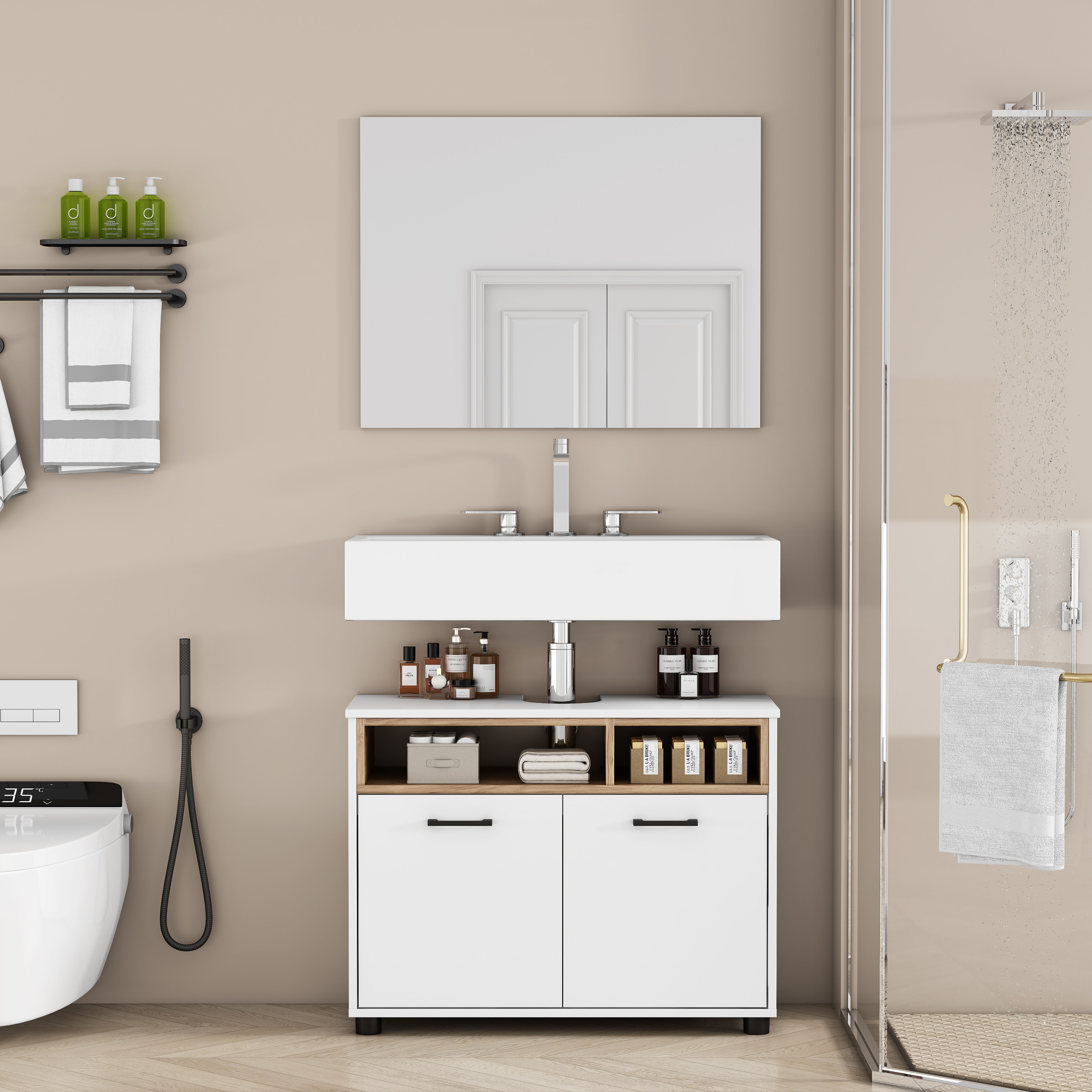 Waschbeckenunterschrank GOODPRODUCT "Picante", weiss (weiß, eiche), B:80cm H:60,5cm T:33cm, MDF, Schränke, Waschbeckenunterschrank, In 60 und 80cm erhältlich, 2 Türen und offene Ablage, zum Stellen weiß, eiche Weiss, B/H/T: 80cm x 60,5cm x 33cm, Türen: 2 
