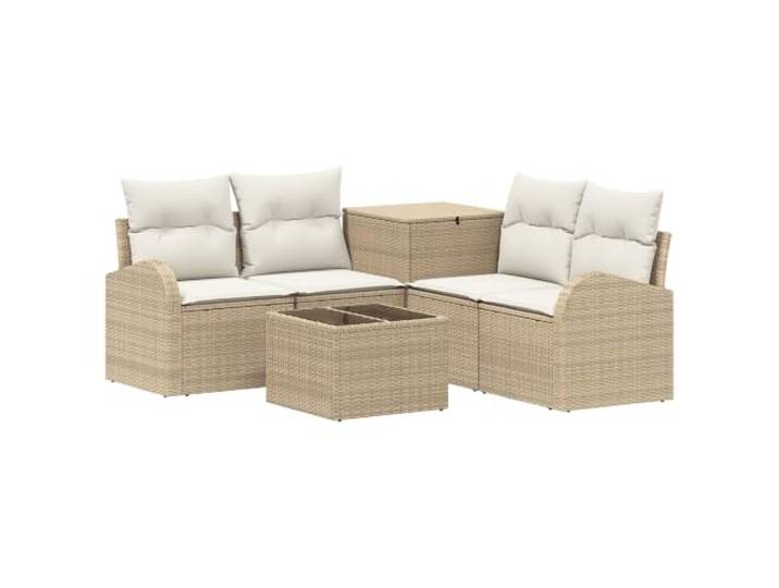 PUGYNBK Sofaset, 6-teilig, Beige und Cremeweiß Robustes Polyrattan, Glastisch, modulares Design, Aufbewahrung für Kissen, Stahlrahmen