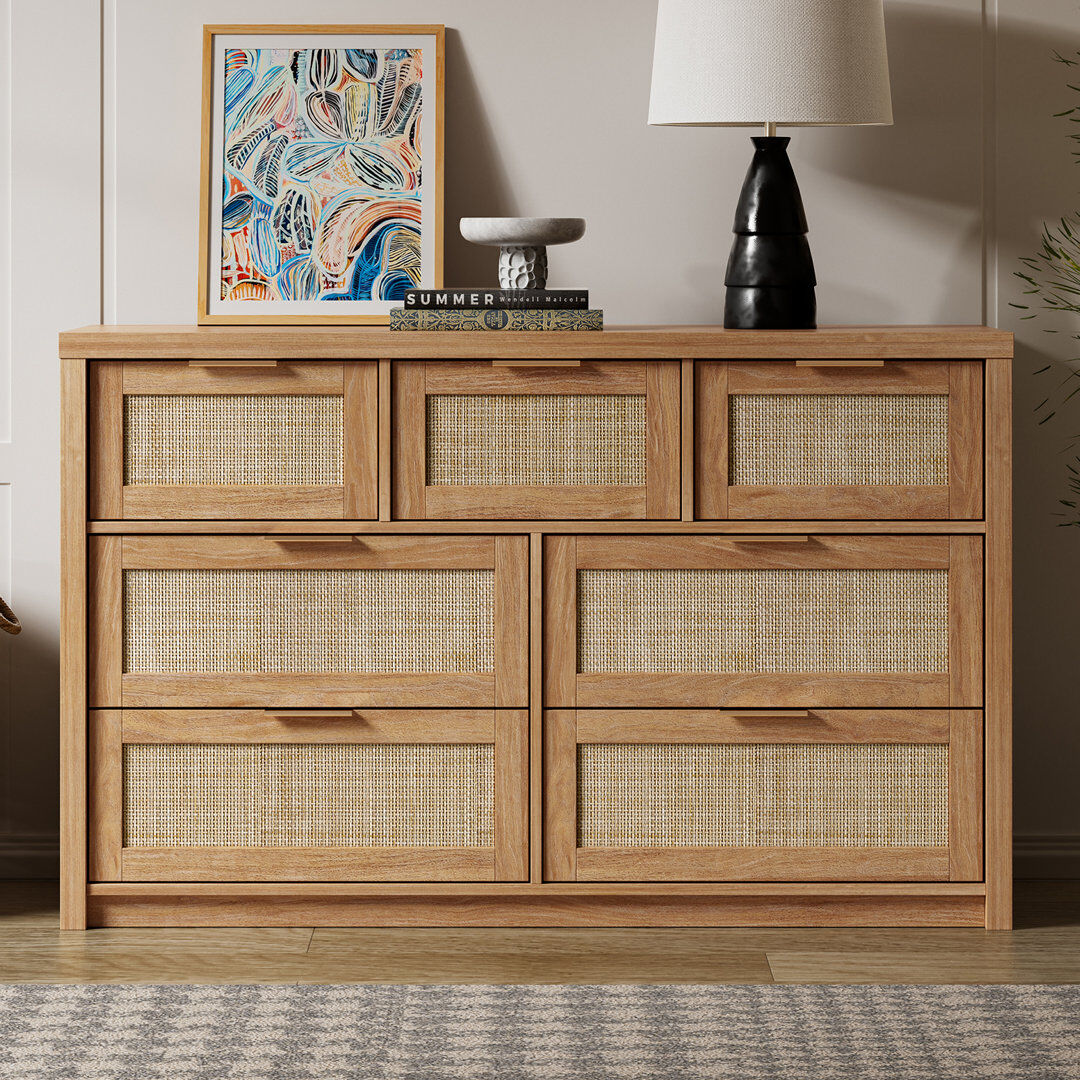Bay Isle Home 134 cm W Chest of 7 Drawers Natural Oak 81cm H X 134cm W X 45cm D