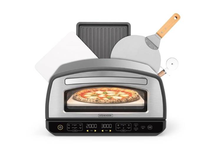 KitchenCook - Four à pizza - 2000 W - Jusqu'à 450 °C - 12 programmes - Plaque de cuisson en acier inoxydable émaillée, pelle à pizza et coupe-pizza