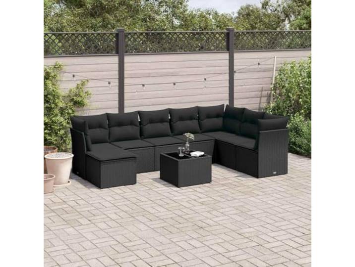 WDGJJFECNMUEHI Résine tressée imperméable Ensemble de canapés 9 pièces Noir Salon de jardin 9 pieces resine tressee noir avec coussins ensemble modulaire table verre pouf exterieur terrasse
