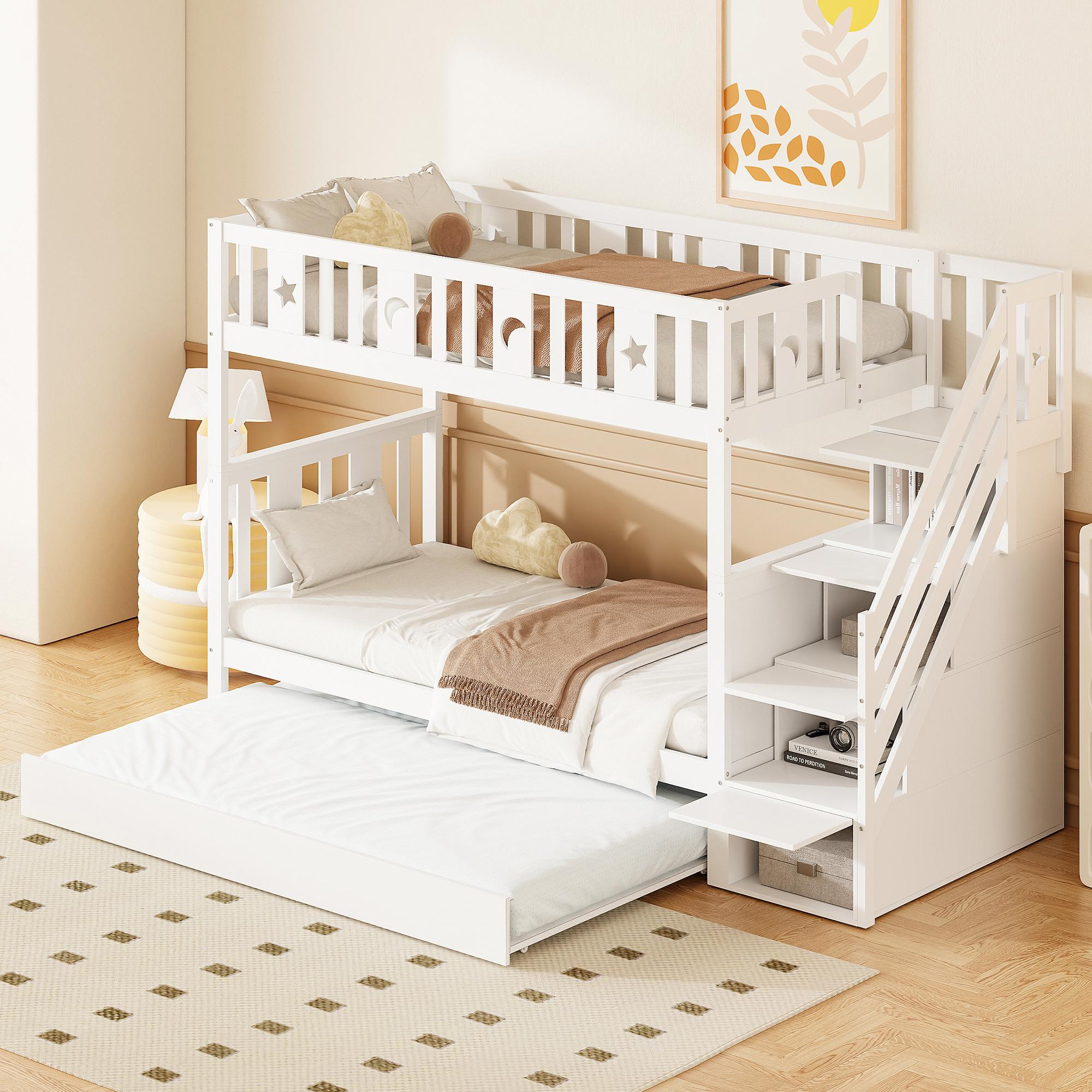 Kinder-Etagenbett 90 x 200 cm, Massivholz-Etagenbett, Ausziehbett 90 x 190 cm, mit Sicherheitstreppe, Ablagetreppe, Lattenrost, Weiß