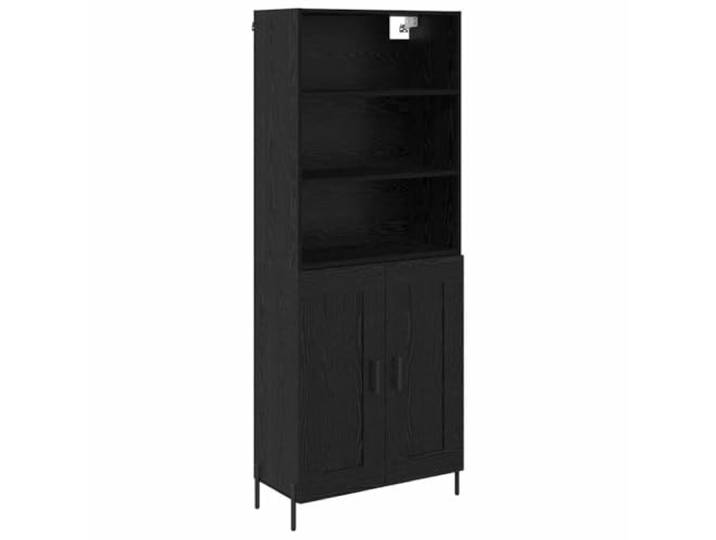 Fisinber Highboard Schwarz Eichen-Optik 69,5x34x180 cm Holzwerkstoff Zweitüriger Anrichteschrank aus stabilen Holzwerkstoffplatten mit Metallfüßen für elegante Ordnung im Esszimmer.