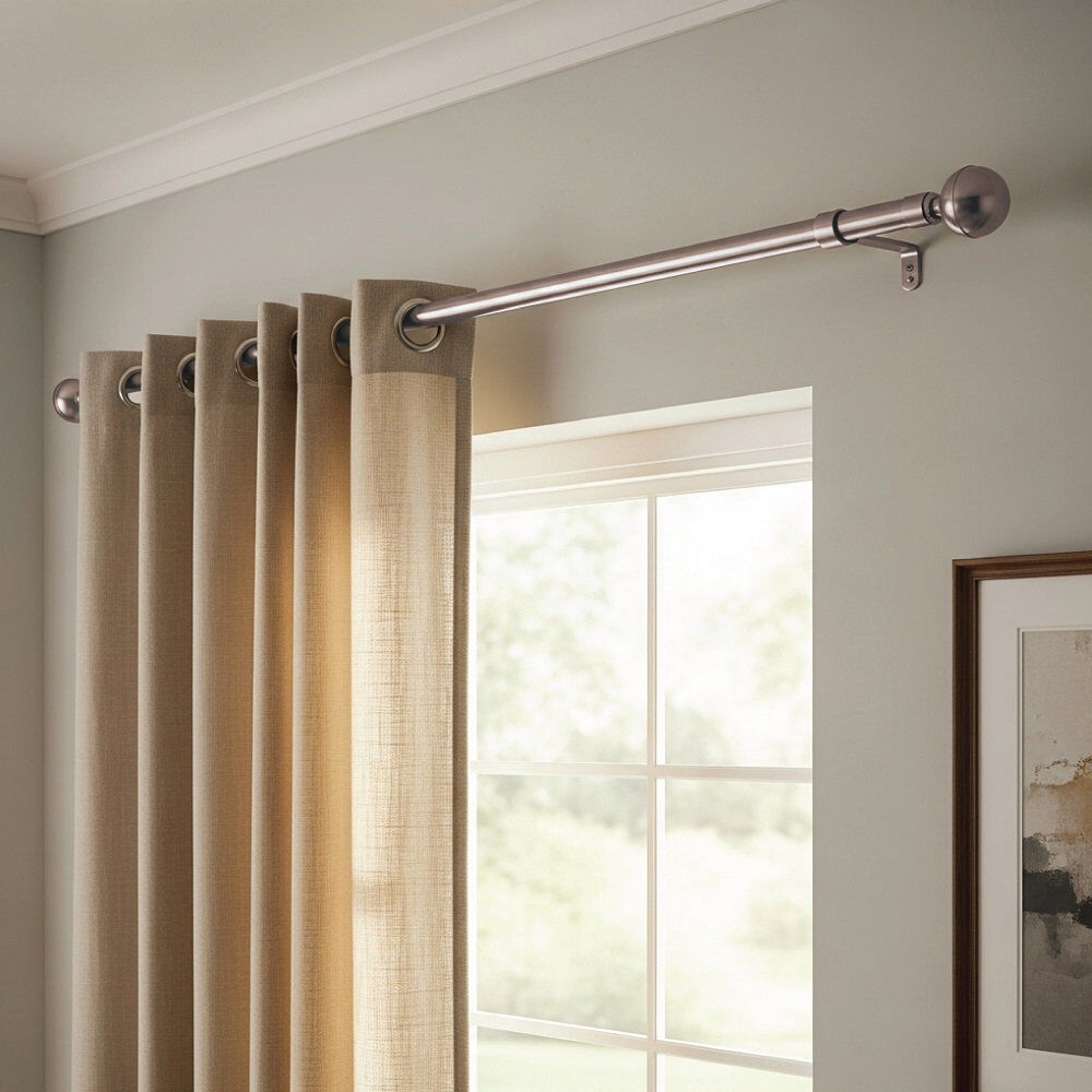 Symple Stuff Extendable Metal Curtain Pole, Adjustable Curtain Rod with Brass Finials & Rings Brushed Silver 90cm - 160cm