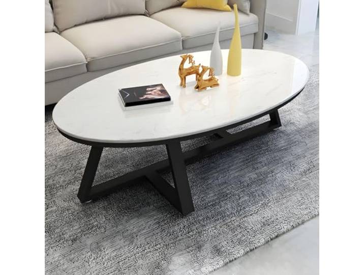 HanDpi Ovaler Couchtisch aus nordischem Kunstmarmor – weiße Platte, schwarzer Sockel – 47 L x 24 B x 18 H