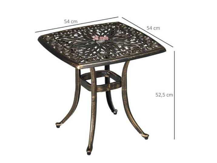 Table d appoint extérieure 54x54x52 5 cm aluminium coulé finition bronze trou pour parasol adapté balcon jardin terrasse