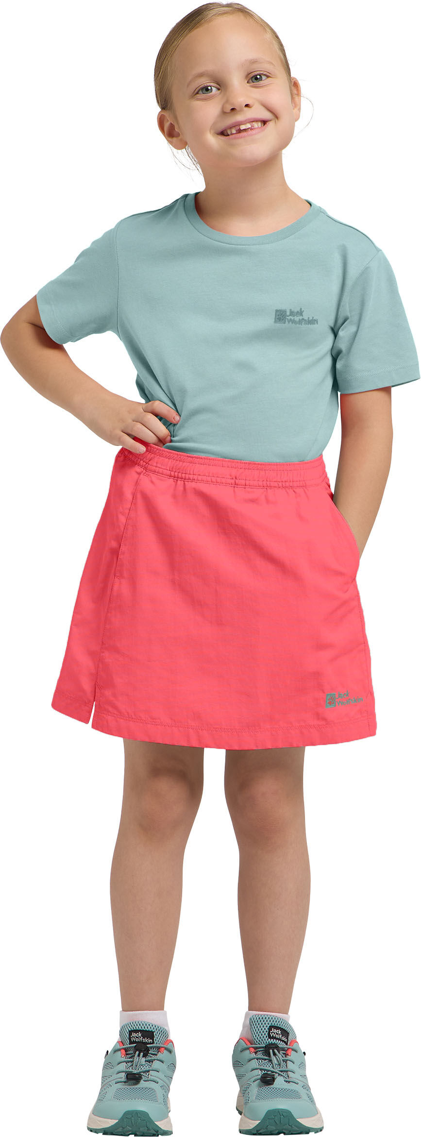 Skort JACK WOLFSKIN "SUN SKORT G", Mädchen, Gr. 152, orange (sunset coral), Obermaterial: 100% Polyamid. Obermaterial 2: 100% Polyester, Röcke Skort, Skort-Form, mit Eingrifftaschen, schnell trocknend, atmungsaktiv sunset coral 152