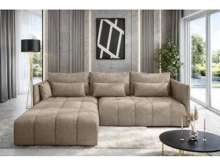 AX Living Hellbraun Ecksofa mit Schlaffunktion Bettkasten Cosmova 245 Eleganter hellbraun Stoff – langlebig, pflegeleicht und zeitlos. Liegefläche: 147 x 232 cm. Breite von 248 cm.