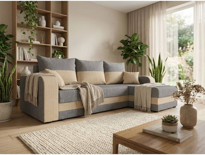 AKTION Ausziehbare beidseitige Ecksofa in L-Form VALERIO 238x140 cm, hellgrau/beige + 2 Kissen GRATIS II. Qualität