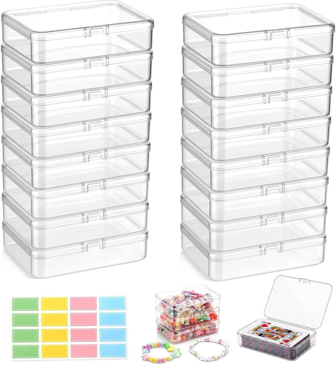 Set van 16 transparante opbergdozen met gekleurde etiketten