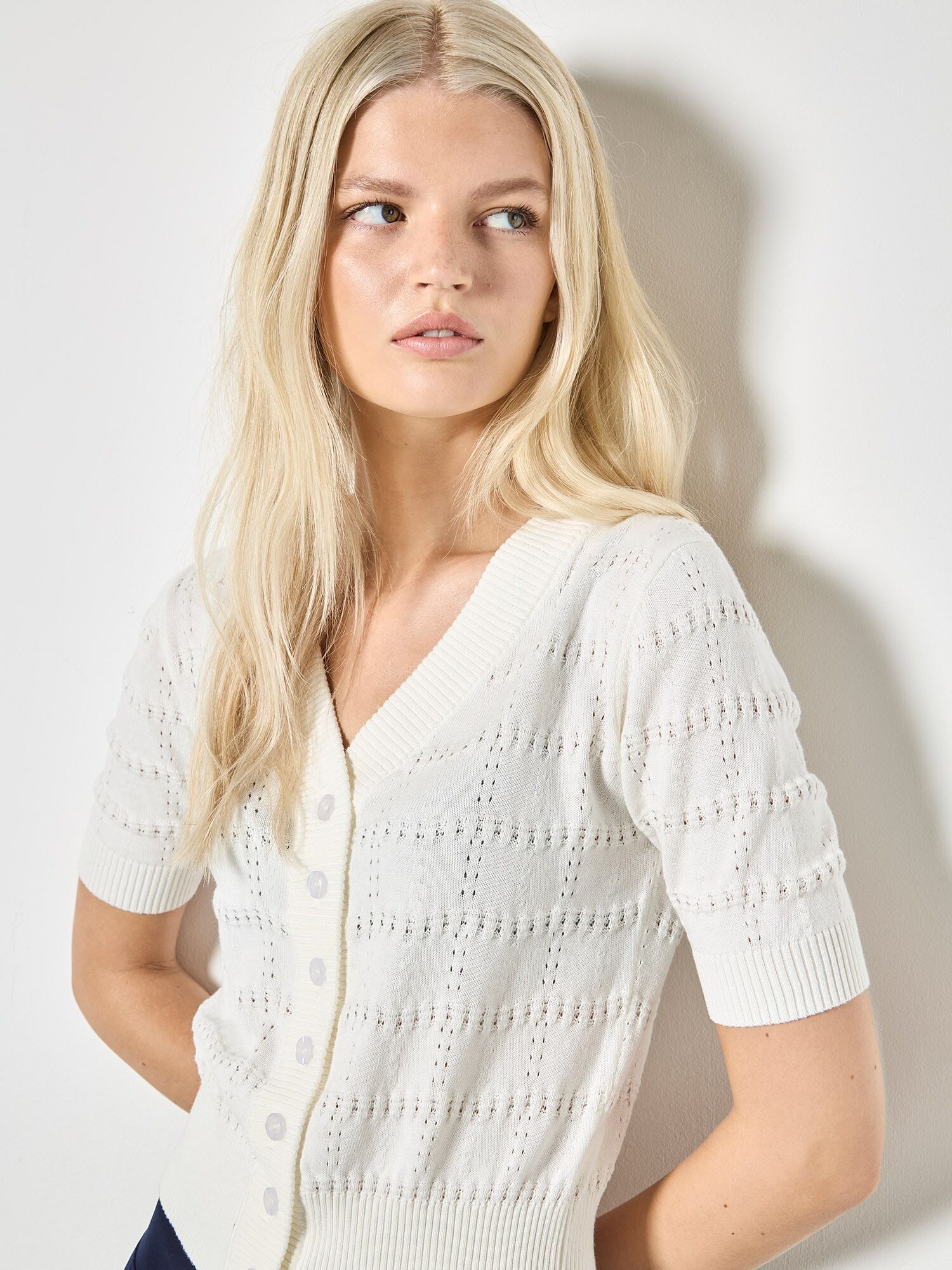Cardigan APRICOT "Pointelle-Strickcardigan", Damen, Gr. M (38), weiß, Strick, Obermaterial: 100% Baumwolle CO., uni, V-Ausschnitt, Strickjacken, mit Streifen