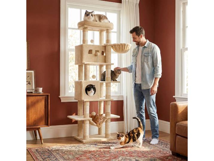 Grand poteau à gratter pour chat de 210 cm, 8 postes à gratter, 2 grottes, grandes plates-formes, boules en peluche, poteau à gratter pour chat à plusieurs niveaux, Beige