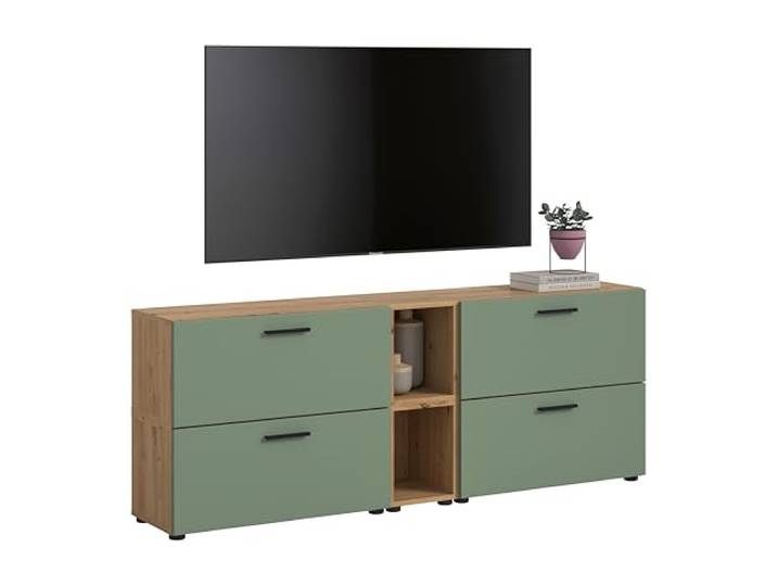 xonox.home – Wohnkombination The One 176x67x34 cm in Artisan Oak und Smoke Green – Kompakte Wand mit 4 Klappen – 10 Fächer bieten viel Stauraum & eine beruhigende Farbkombination für den Raum
