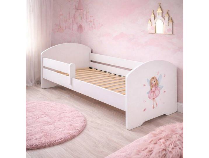 Lit enfant LUK 80x160 cm pour fille avec sommier et barrière de sécurité – motif fille avec ailes