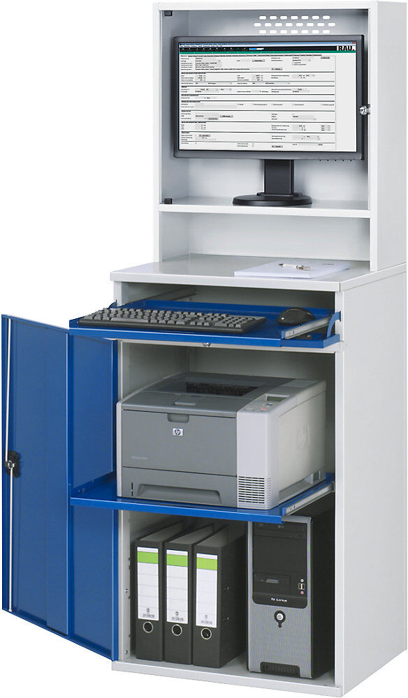 Computer-Arbeitsstation, Monitorgehäuse, 1 Ausziehboden, Breite 650 mm, lichtgrau / enzianblau RAU