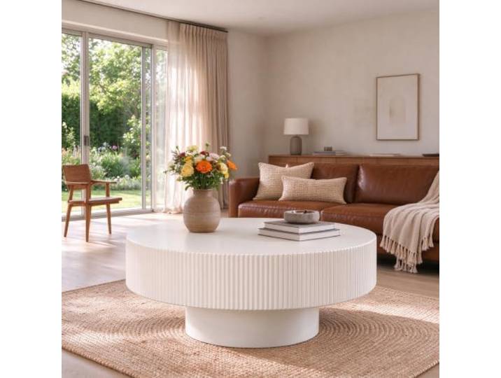 Moderner weißer runder Holz-Trommel-Couchtisch Minimalistischer Wohnzimmertisch mit glatter Lackierung für kleine Räume und Apartments