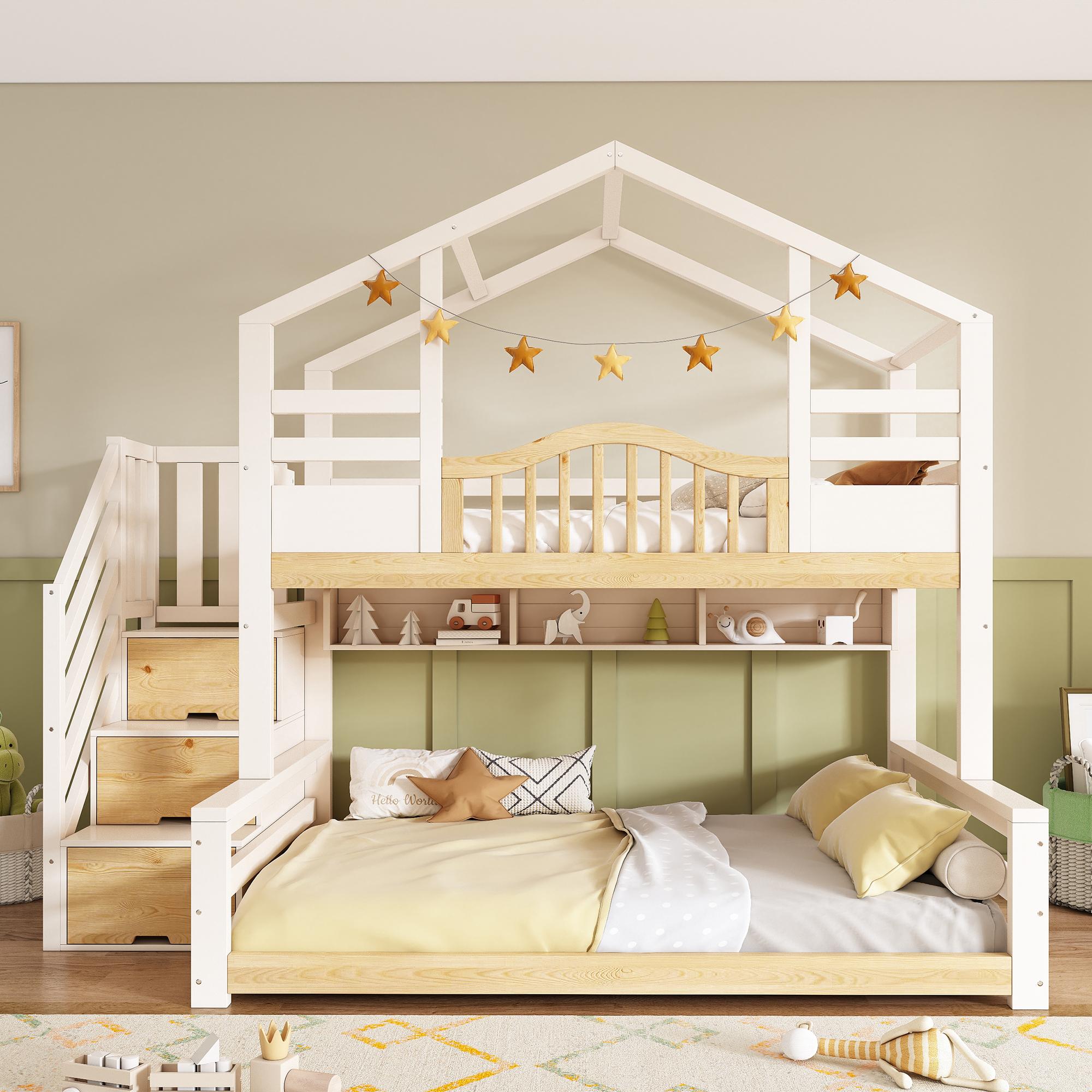 STILVORA Etagenbett 90x200/140x200 mit einer Matratze(140x200)Kinder Hausbett, Hochbett mit Treppenschrank und Stauraumregalen, Familienbett in Weiß und Naturholz-Optik