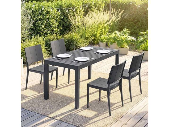Ensemble table & 4 chaises jardin - CRESTA - Minimaliste - Empilable - Étanche & antirouille - Gris foncé