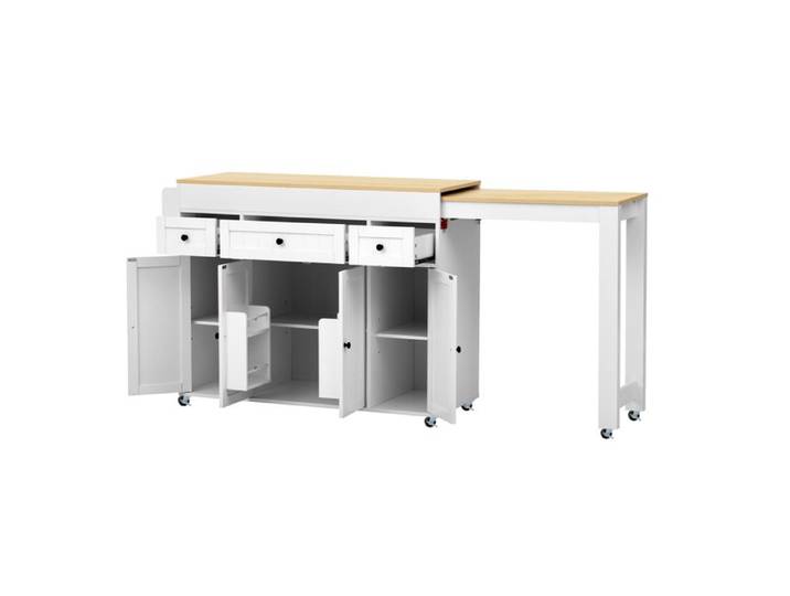 Îlot central de cuisine mobile sur roulettes – extensible – 3 tiroirs – blanc et naturel