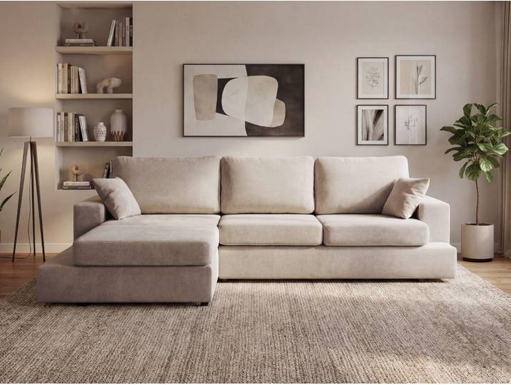 GrainGold Ecksofa L-Form Links Nesto - Moderne Chenille Ecksofa - 3-Sitzer Eckcouch, Wohnzimmer Ecksofa - Eckcouch Beige (Lumo 50)