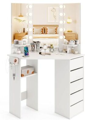 Costway Corner Vanity Desk with 3-Color LED Lighted Mirror and Power Outlet-White
