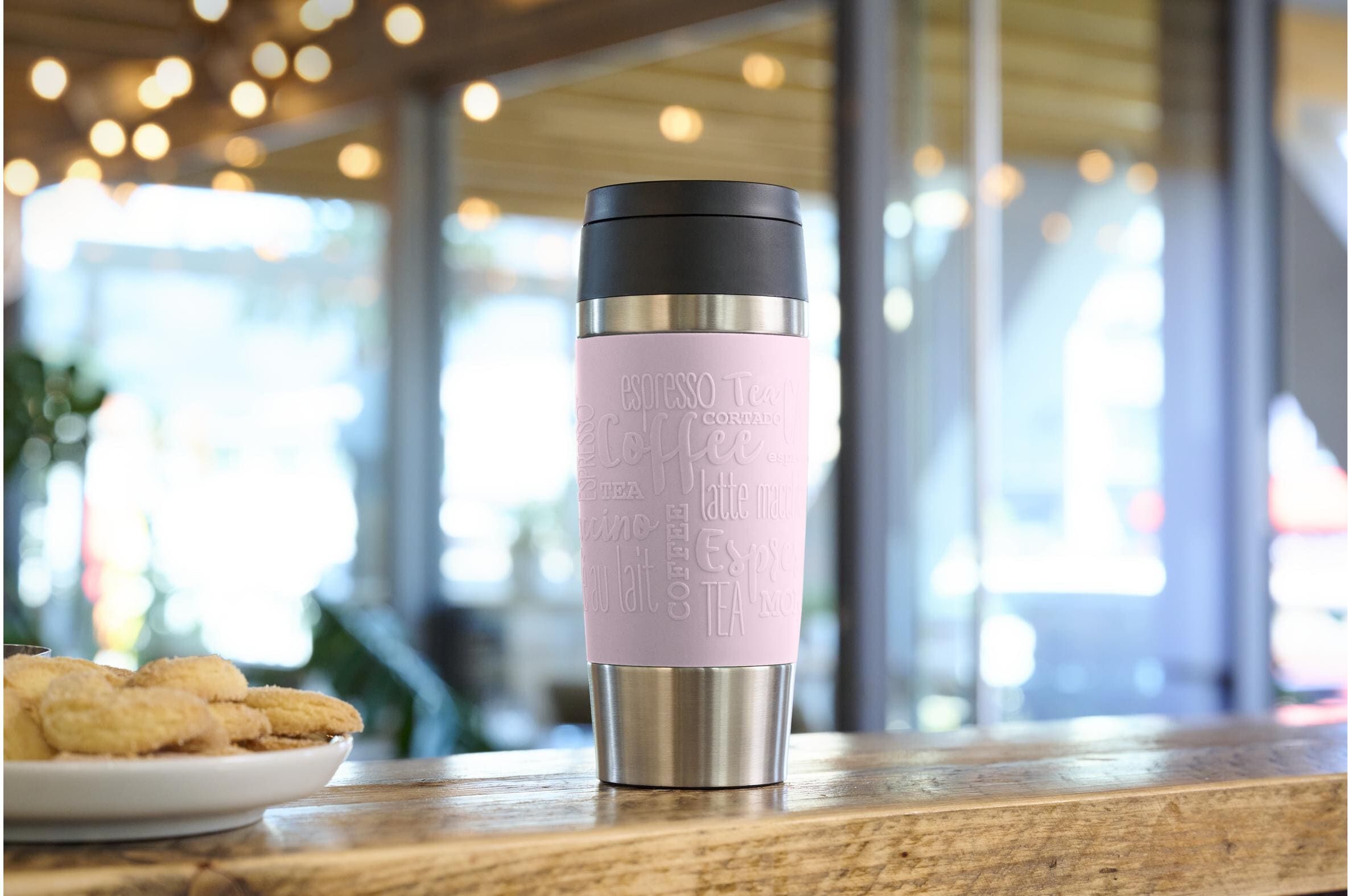 Thermobecher EMSA "Travel Mug Classic, mit 360-Trinköffnung, auslaufsicher, rutschfest", rosa (pastell, pink), Trinkgefässe, Ø 8,2cm x 20,4cm, 360ml, Edelstahl, Kunststoff, Silikon, Thermobecher, 4h heiss, 8h kalt - 360 ml / 6h heiss, 12h kalt - 500 ml, 1