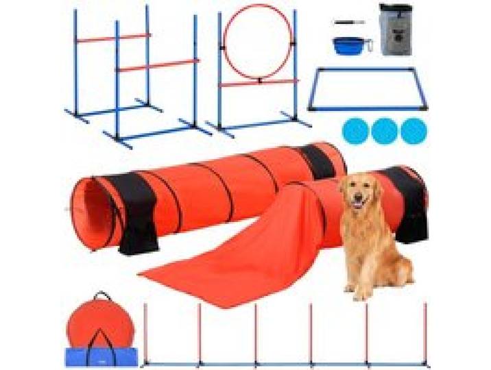 VEVOR Agility-Trainingsausrüstung für Hunde, 7-teiliges Upgrade-Set mit verstellbaren hohen Hürden, 6 Slalomstangen, 2 Tunneln, Sprungring, Pausenbox, 3 Frisbees, Pfeife, faltbarer Schüssel, Hindernisparcours-Set für Welpen mit 3 Taschen