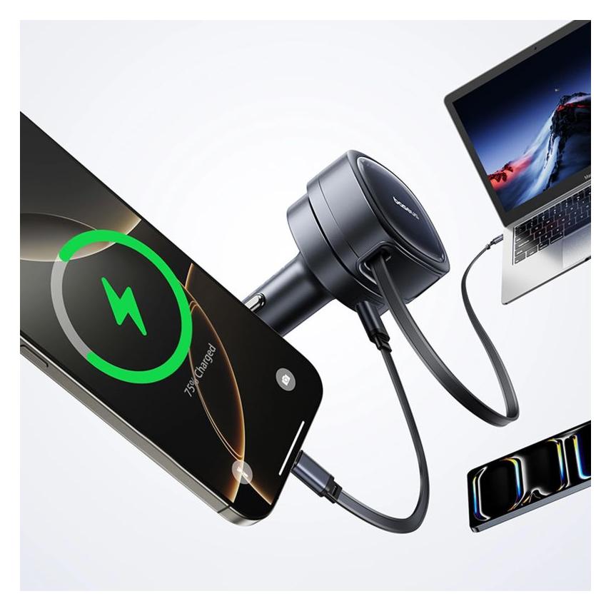 Baseus PrimeTrip VR1 60W USB-A/USB-C-Autoladegerät mit einziehbarem USB-C-Kabel - Schwarz (6932172690274)