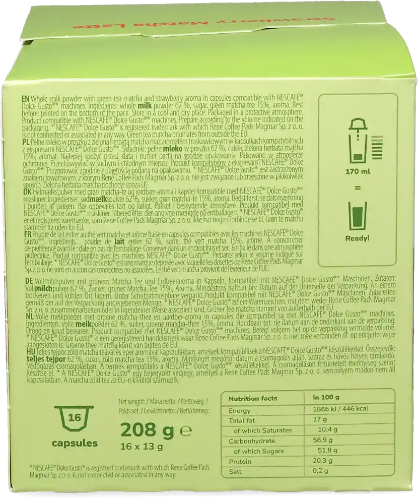 Senso Nocturno   Matcha Latte Fraise - 16 Capsules Matcha pour Dolce Gusto - Compatible Dolce Gusto