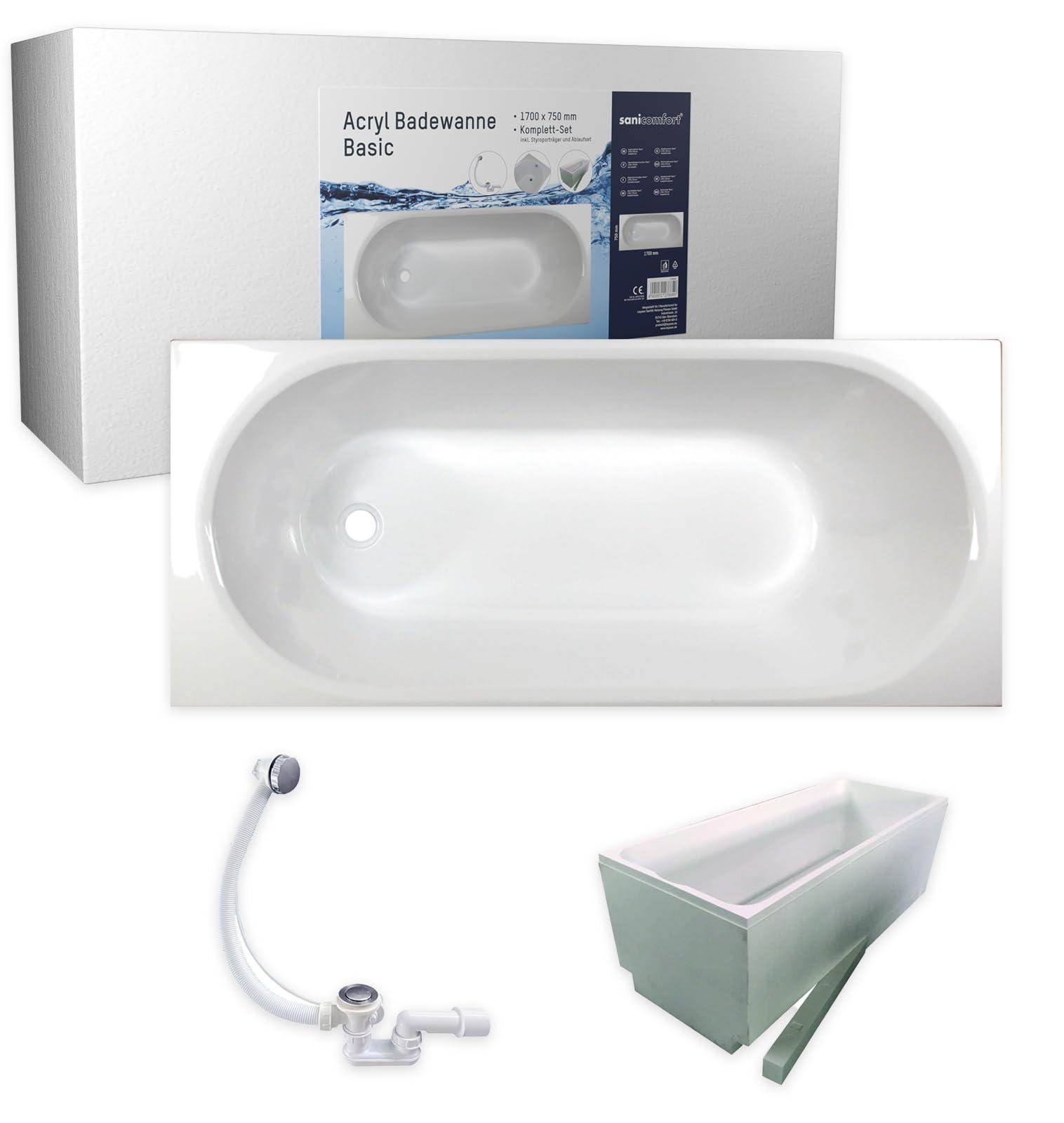 sanicomfort Badewanne Komplettset Basic Rechteck 170x75 cm - Acryl-Badewanne weiß mit Wannenträger & Ablaufgarnitur, Wärmedämmung & Schalldämmung, pflegeleicht & robust