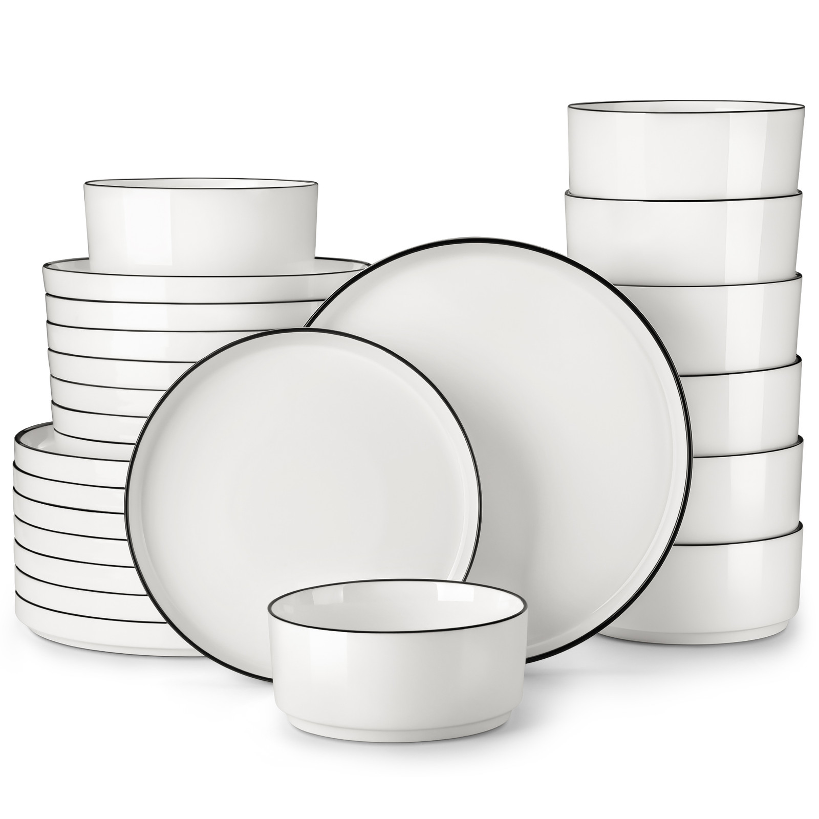 Malacasa 24-delig porseleinen servies met zwarte randstrook, diner- en dessertset inclusief kommen