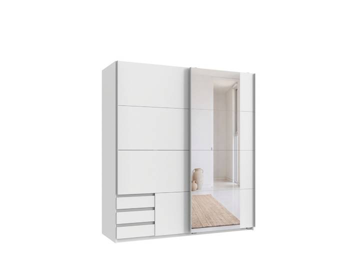 SCHWEBETÜRENSCHRANK 2-türig B179/H198/T65 cm, Kleiderschrank in Weiß mit sichtbaren Schubkästen & Spiegel / 22702