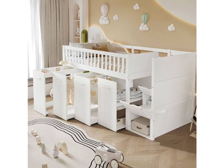 Lit enfant multifonction 90x200 cm en pin MDF blanc avec bureau coulissant et rangements