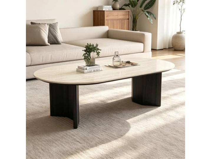 Moderner luxuriöser Couchtisch aus Massivholz handgefertigt ohne Furnier Couchtisch mit eleganter Steinimitat-Oberfläche, stabiler Massivholzfuß(Black,51.2x27.6in)