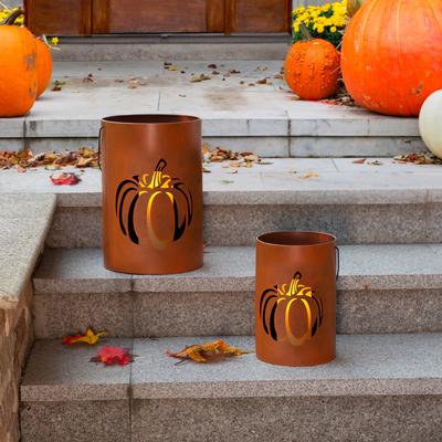Glitzhome Set of 2 Metal Cutout Pumpkin Buckets Candle Holder Lantern