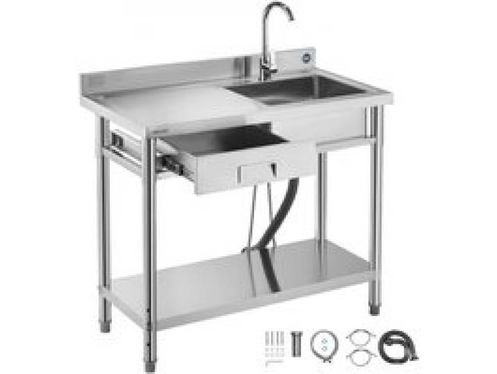 VEVOR Évier cuisine utilitaire en acier inoxydable, évier professionnel autoportant à cuve unique avec tiroir, robinet et tuyau d'eau chaude et froide, pour garage, restaurant, buanderie 100x50x94 cm