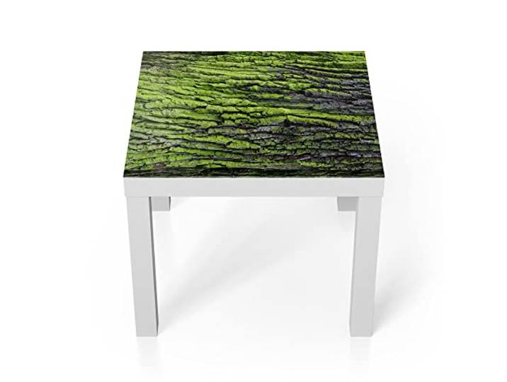 DEQORI Glastisch weiß klein 55x55 cm Motiv Moosbewachsene Baumrinde ausgefallener Beistelltisch aus Glas Hochglanz Couchtisch fürs Wohnzimmer moderner Couch Tisch mit Design