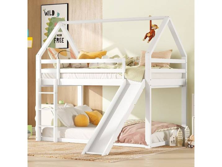 Lit superposé enfant cabane avec toboggan EVRYAE 90 x 200 cm échelle réversible chambre enfant blanc