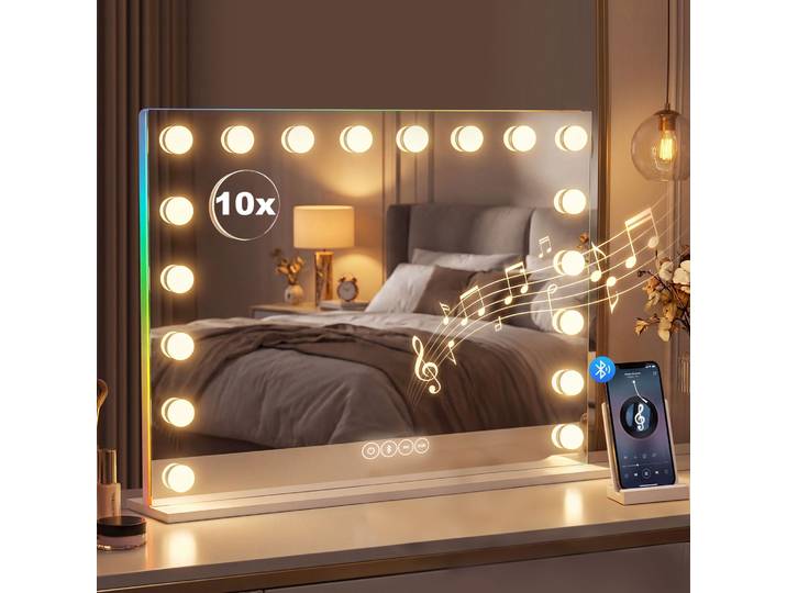 HOMCOM Miroir Hollywood LED 18 Lampes RGB Bluetooth Blanc