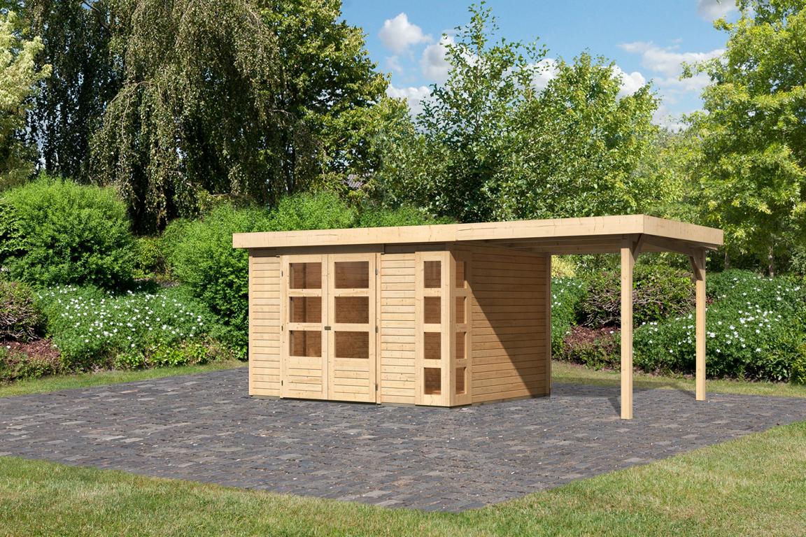 KARIBUHOLZT SH Kerko 5 natur 302x242x211cm mit Anbaudach 2,40m Breite 16905548
