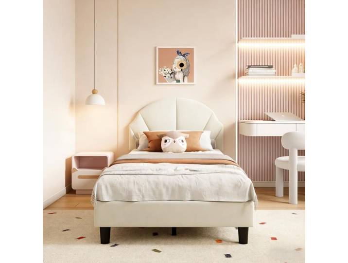 Lit simple enfant 90x200 cm Lit fille 90x200 avec sommier à lattes Tête de lit réglable Cadre de lit enfant Velours Beige