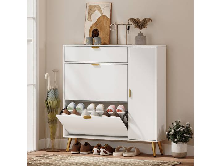 HOMCOM Armoire à Chaussures 12 Paires 2 Tiroirs Rabattables Blanc