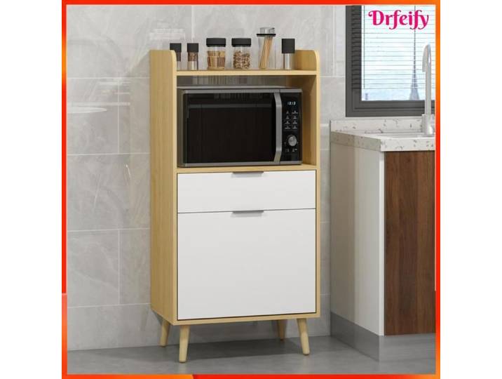 Meuble desserte de cuisine - AKOZON - 58x40x118 cm - Naturel et blanc - Panneaux de particules - Scandinave