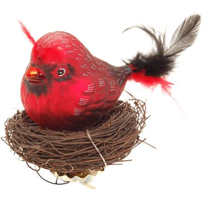 Christbaumschmuck KREBS GLAS LAUSCHA "Vogel im Nest", rot, B:8cm H:10cm T:8cm Ø:10cm, Glas, Weihnachtsbaumschmuck, Glas, 1 Stück