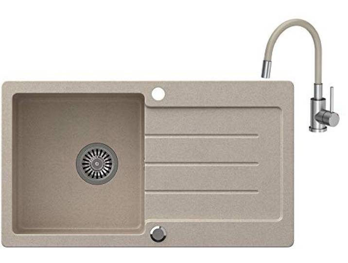 VBChome Granit Spülbecken Beige 77x44 cm – Einbauspüle Einzelbecken gesprenkelt reversibel – Spüle mit Siphon und Armatur – Verbundspüle Küche Waschbecken