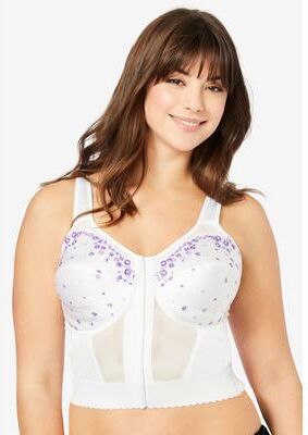 Plus Size Women's Embroidered Front-Close Longline Posture Bra by Comfort Choice in White Embroidery (Size 42 C)