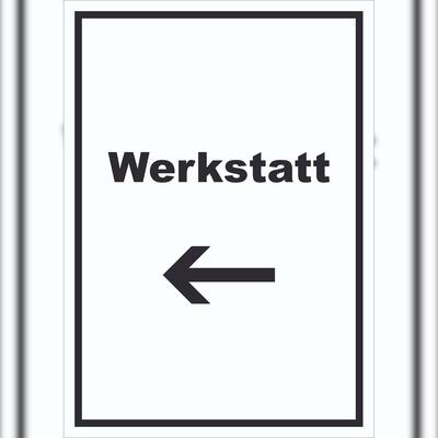 HB-Druck Werkstatt Schild mit Text Richtungspfeil links Handwerk Reparatur hochkant A3 (297x420mm)